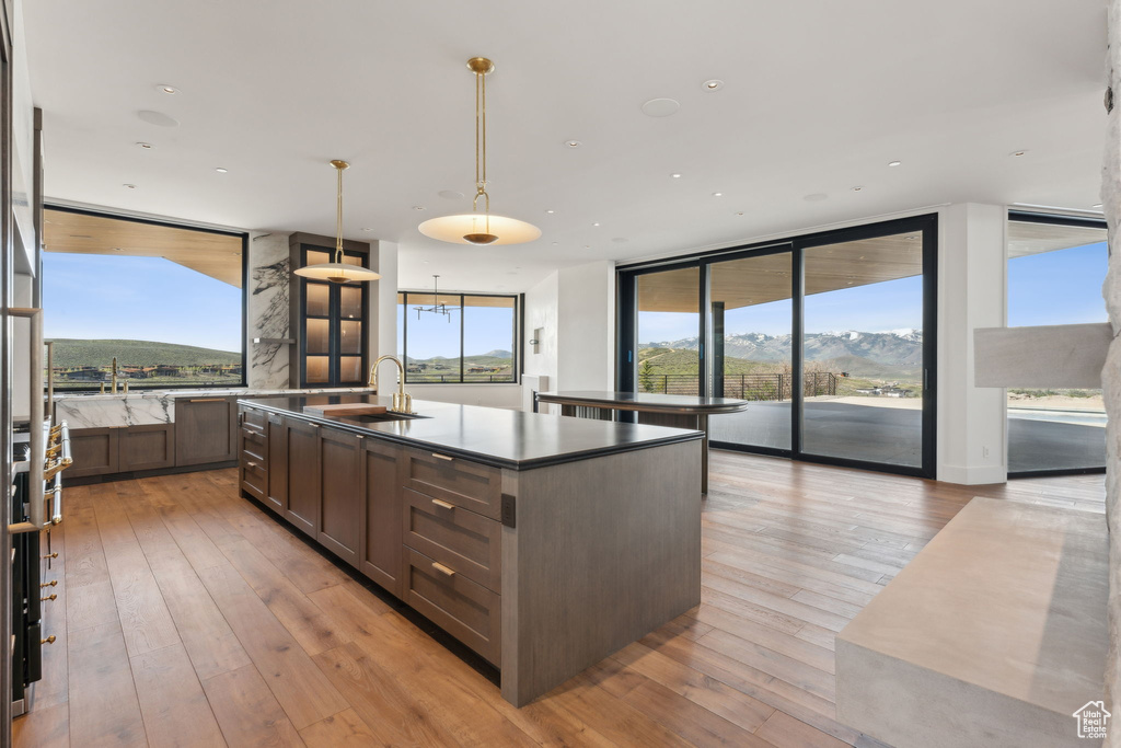 Kitchen with a sink, a center island with sink, healthy amount of natural light, light wood finished floors, and recessed lighting