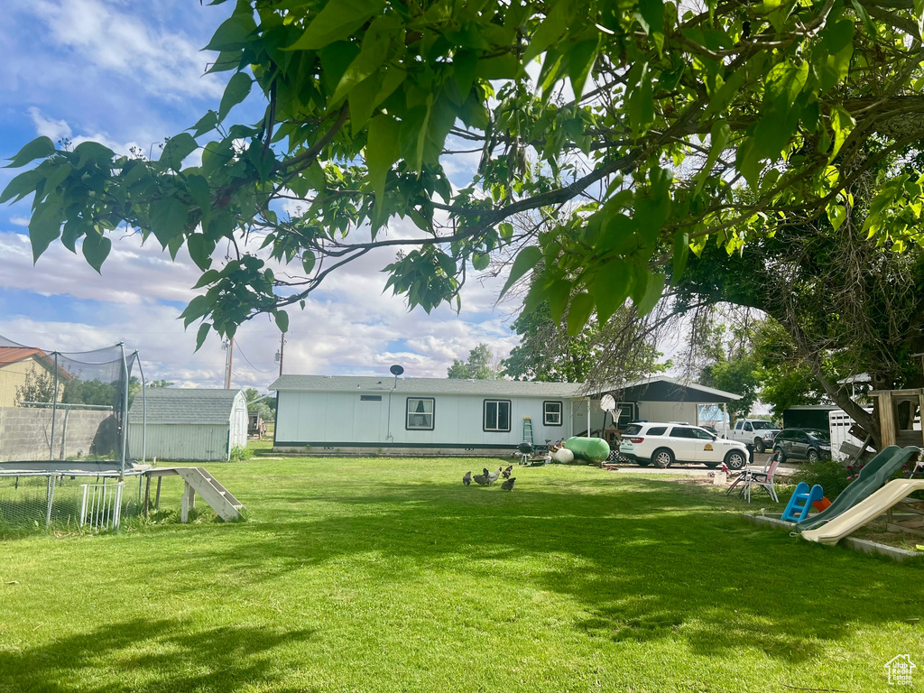 View of grassy yard with a trampoline, an outbuilding, and a storage shed