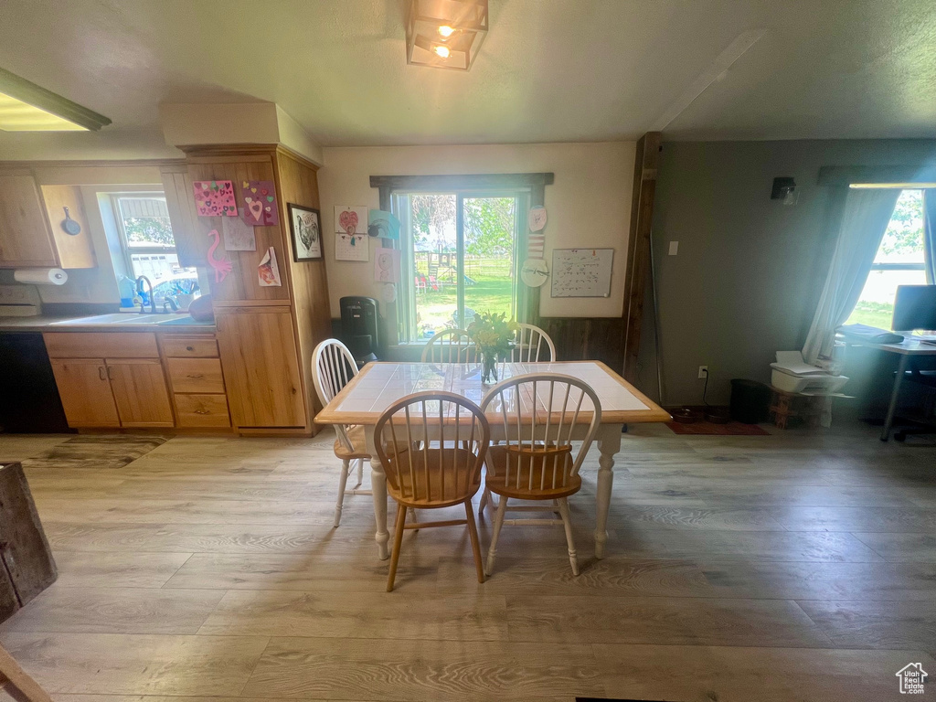 Dining room with light wood-style flooring and healthy amount of natural light