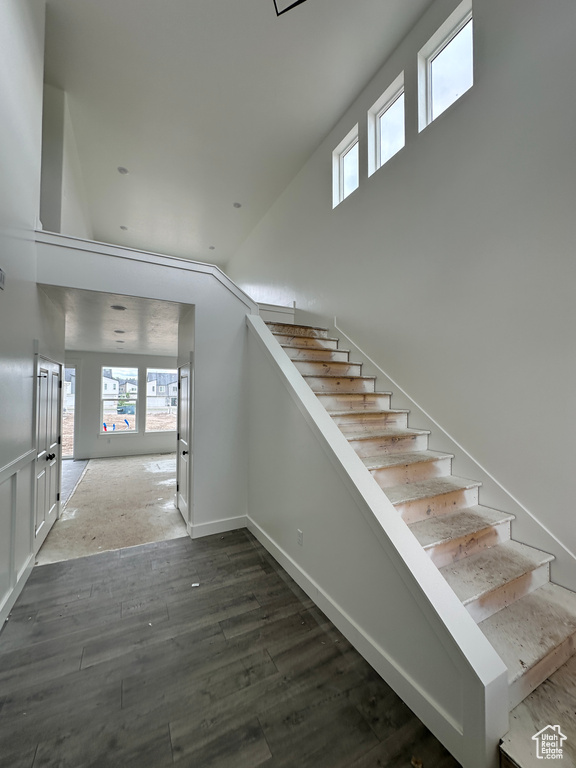 Stairs featuring plenty of natural light, wood finished floors, and a towering ceiling