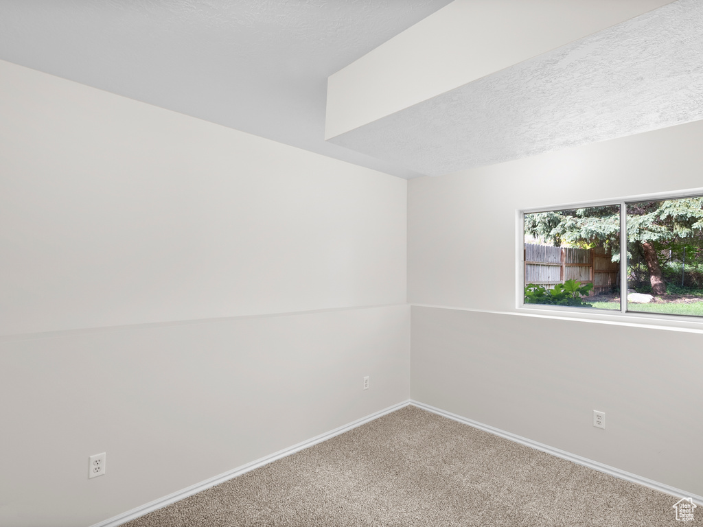 Carpeted empty room with baseboards and a textured ceiling