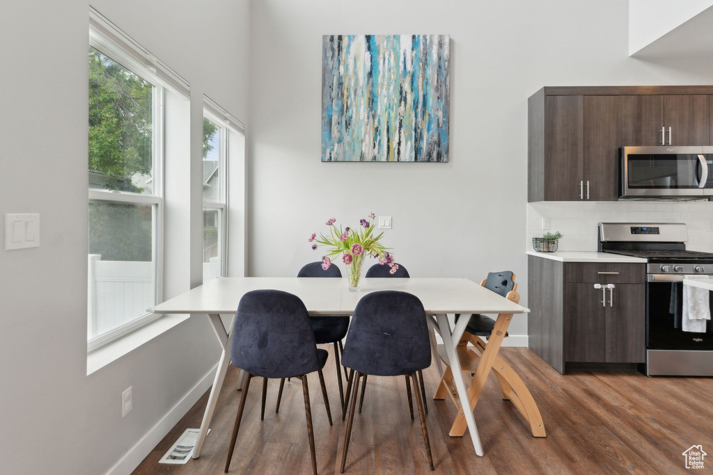 Dining room featuring wood finished floors and baseboards