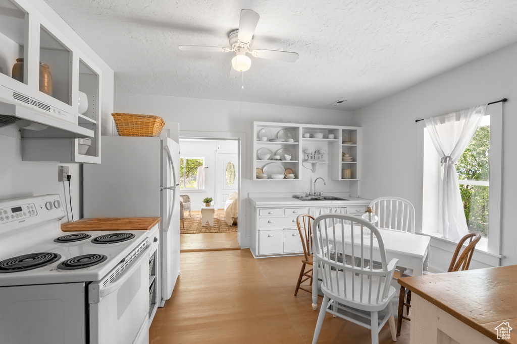 Kitchen with white range with electric stovetop, open shelves, a sink, a textured ceiling, and ceiling fan
