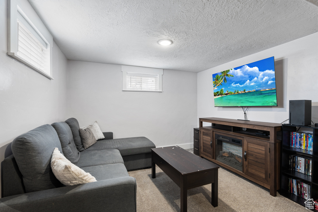 Living room with a textured ceiling and carpet floors