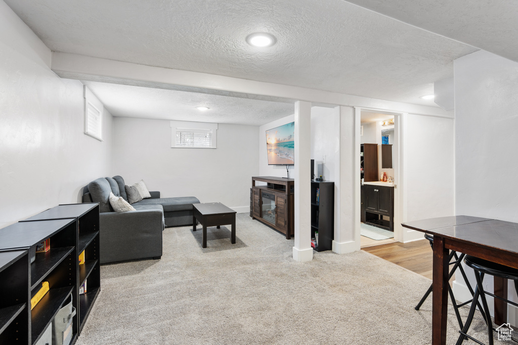 Carpeted living area with a textured ceiling, a glass covered fireplace, and recessed lighting