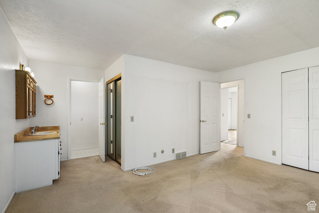 Unfurnished bedroom featuring light colored carpet, baseboards, a textured ceiling, and a sink