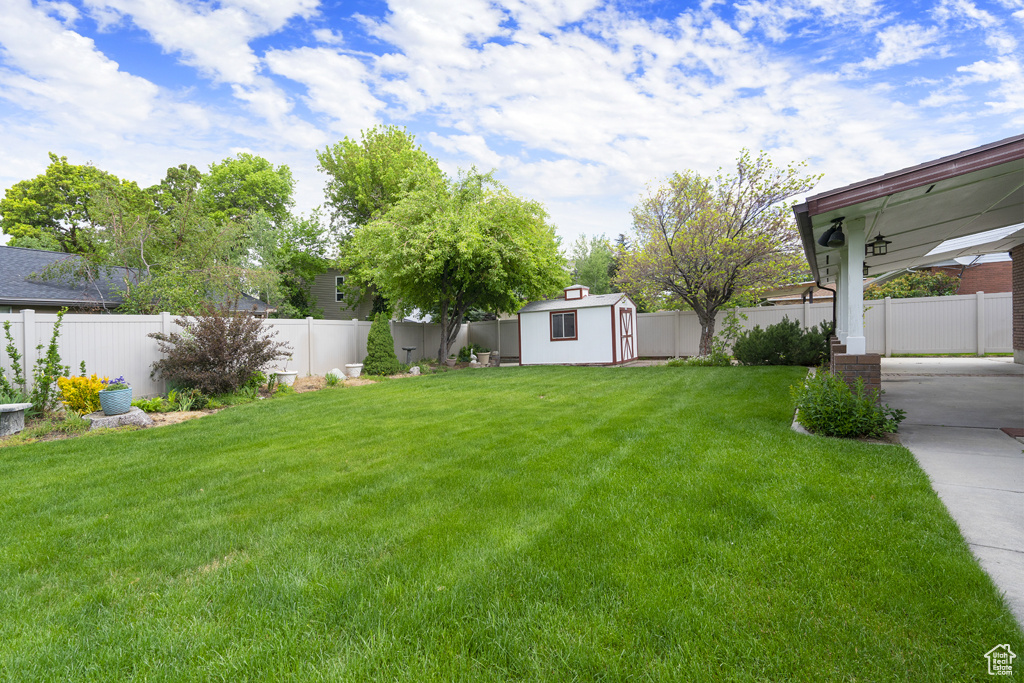 View of yard with a storage shed and an outbuilding