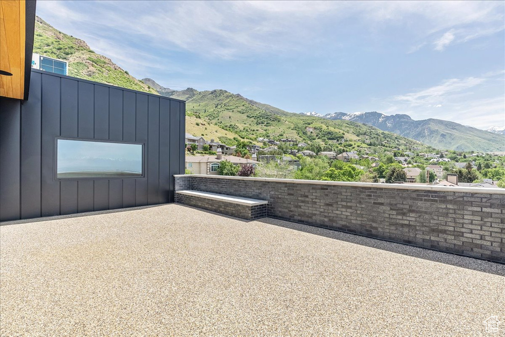 View of patio with a mountain view
