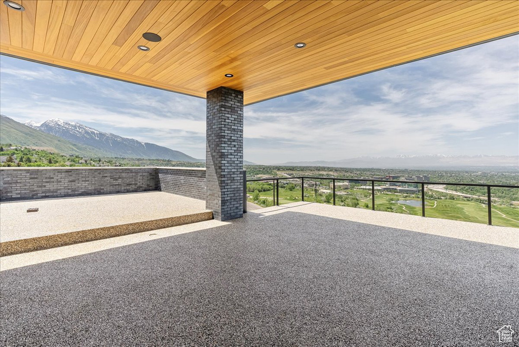 View of patio with a mountain view