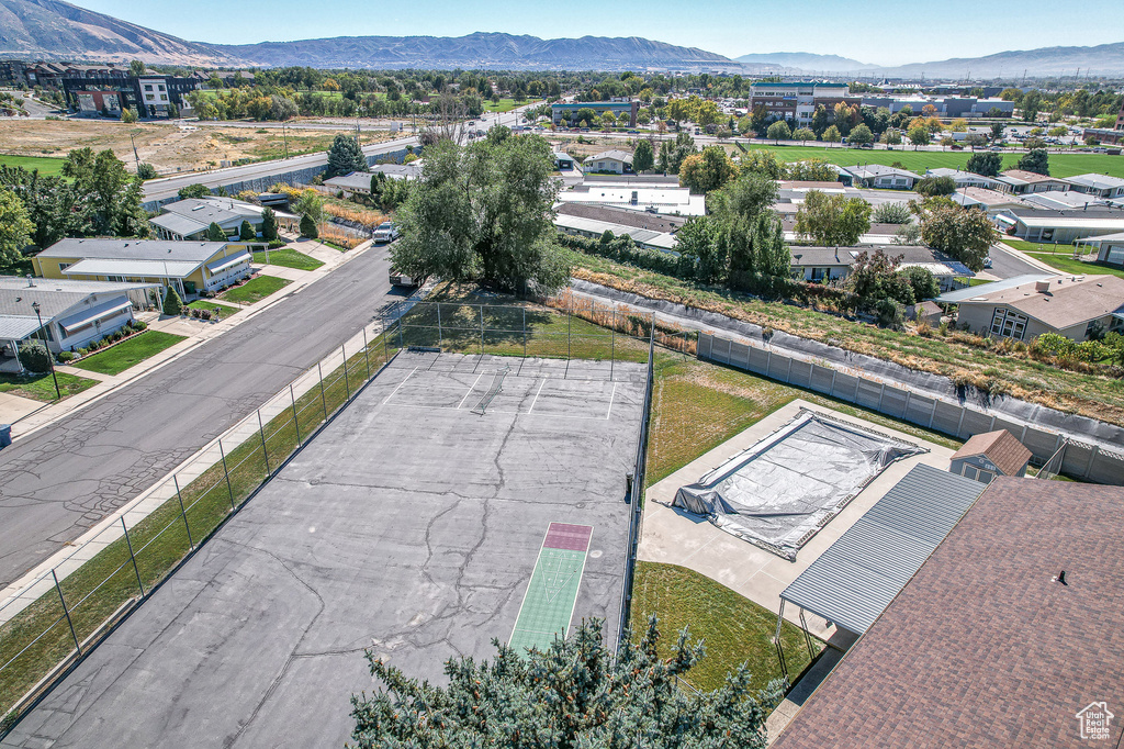 Aerial perspective of suburban area featuring mountains