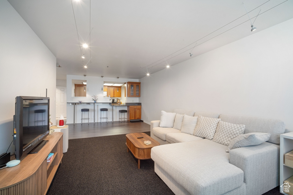 Living room with dark carpet and rail lighting