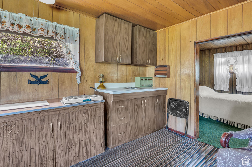 Laundry area with wooden ceiling, wooden walls, and carpet floors