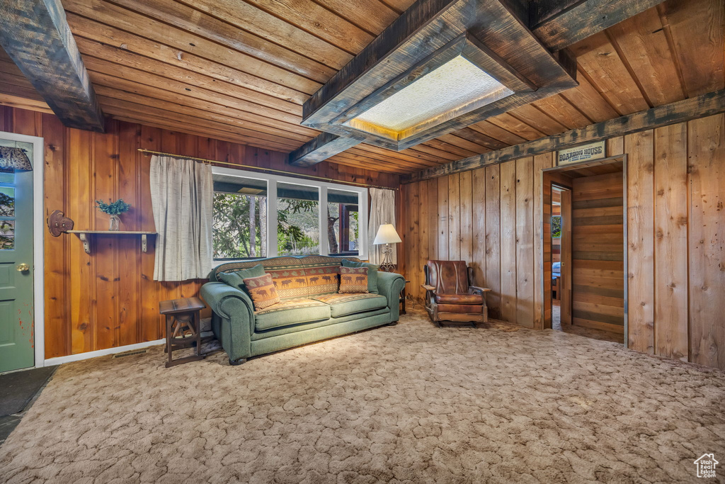 Living area featuring wooden ceiling, carpet floors, a skylight, wood walls, and baseboards