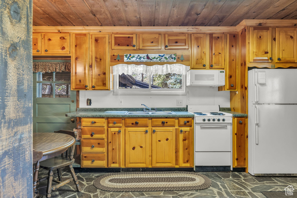 Kitchen featuring white appliances, wood ceiling, a sink, dark countertops, and brown cabinets