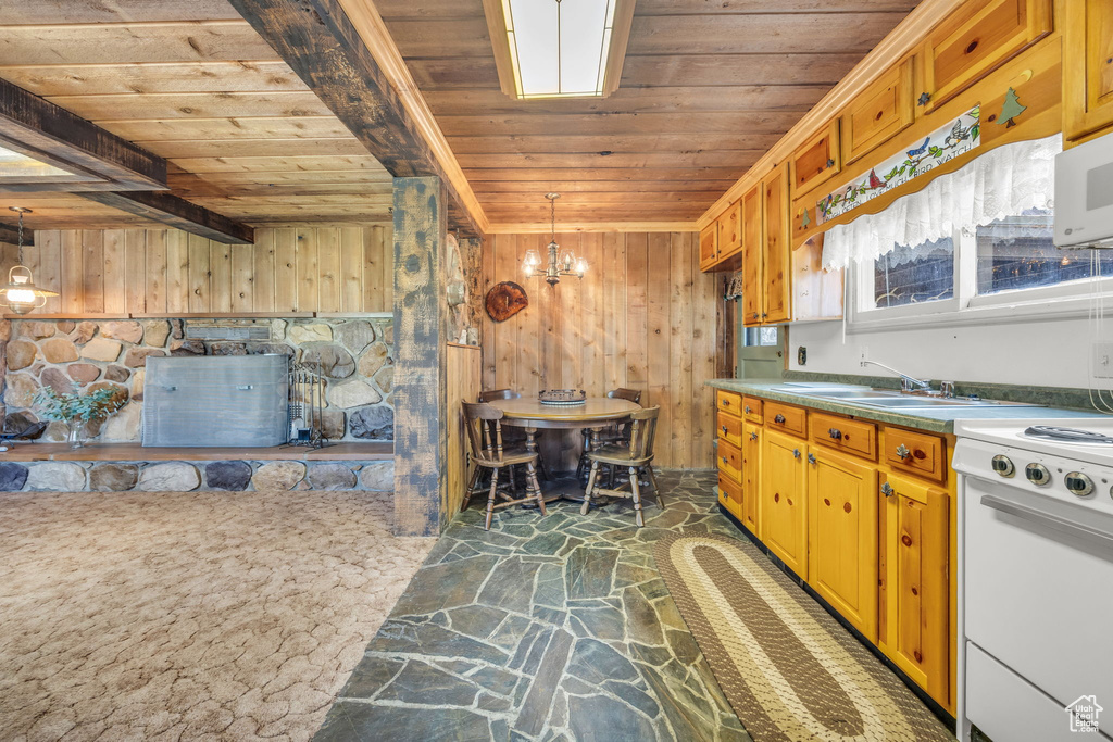Kitchen featuring wooden ceiling, stone floors, white appliances, a sink, and wooden walls