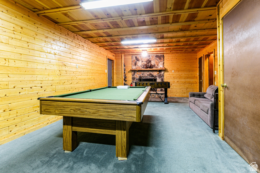 Recreation room with carpet flooring, billiards, wood ceiling, and wood walls