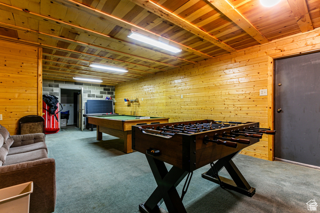 Playroom with carpet flooring, wood walls, billiards table, and wooden ceiling