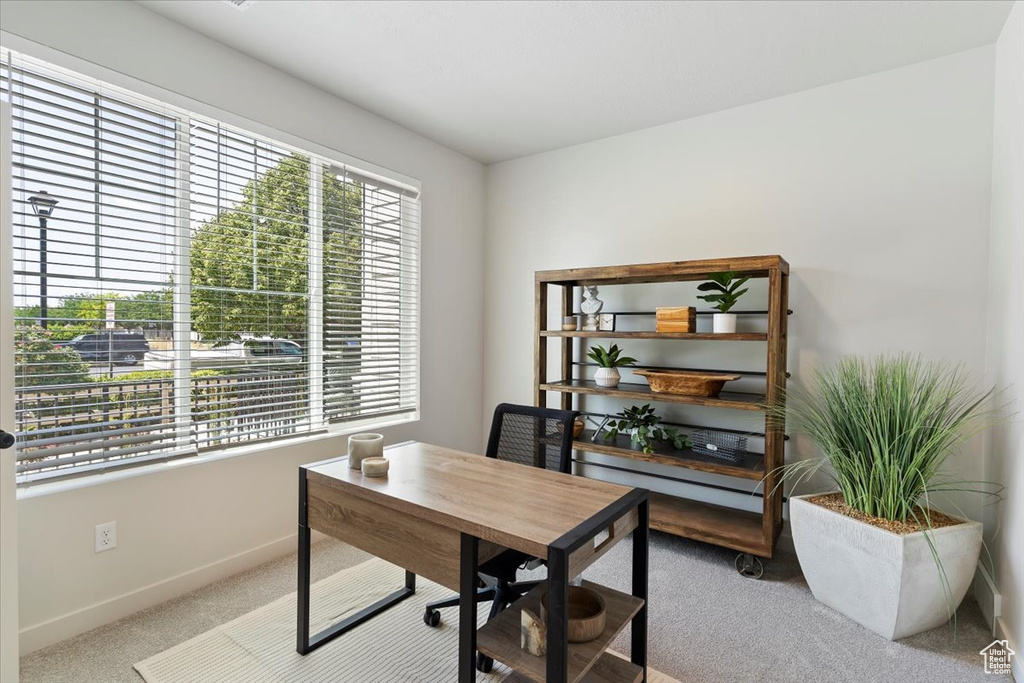 Home office featuring carpet flooring and baseboards