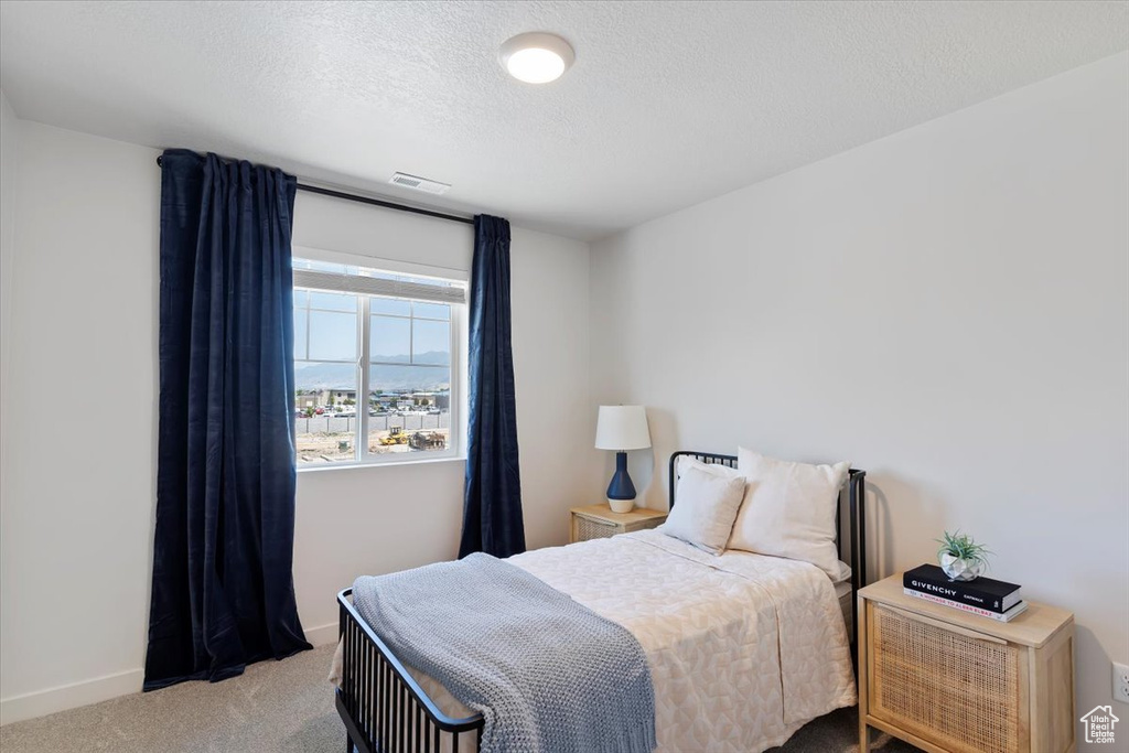 Bedroom with carpet and a textured ceiling