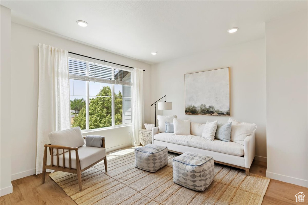Living room with wood finished floors and recessed lighting