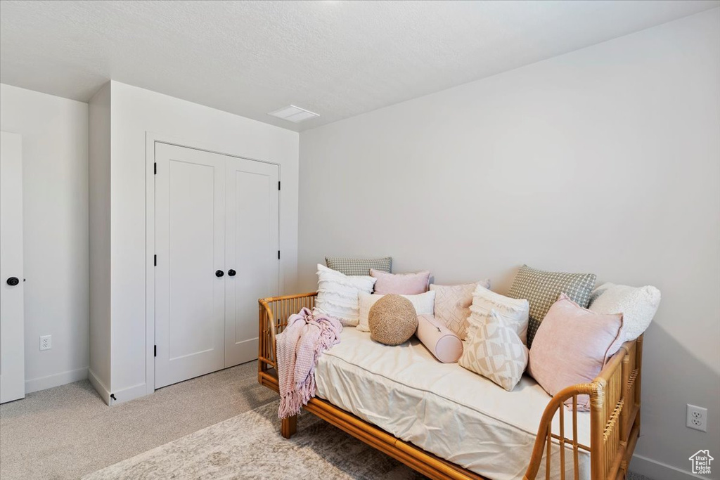 Carpeted bedroom featuring baseboards and a closet