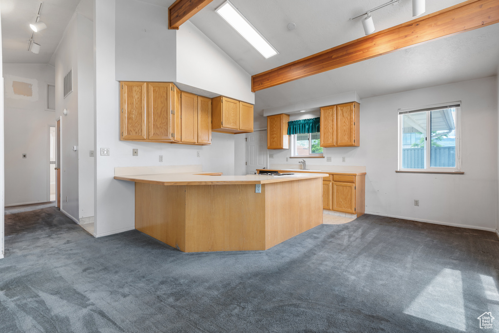 Kitchen featuring rail lighting, a peninsula, beamed ceiling, carpet floors, and high vaulted ceiling