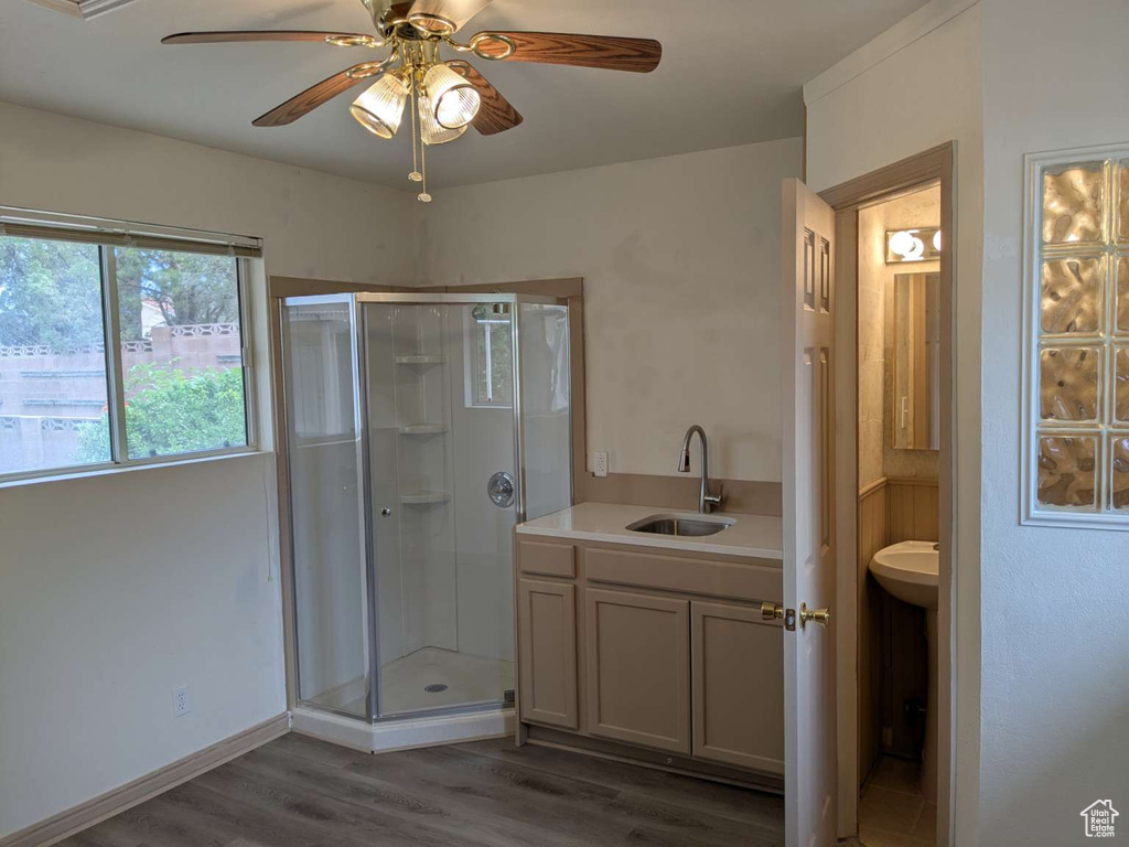 Full bath featuring a sink, a shower stall, wood finished floors, and ceiling fan