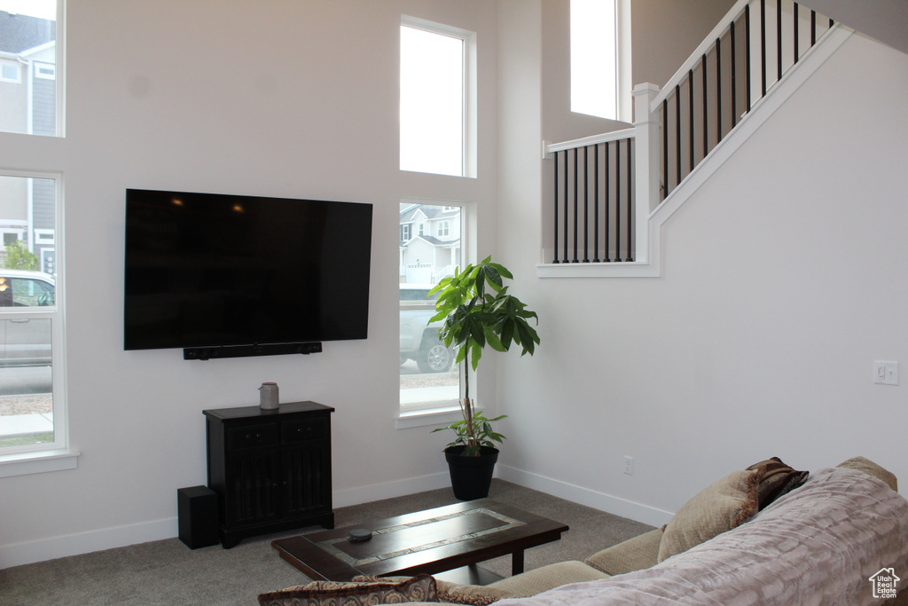 Living area with healthy amount of natural light, carpet, baseboards, and a towering ceiling