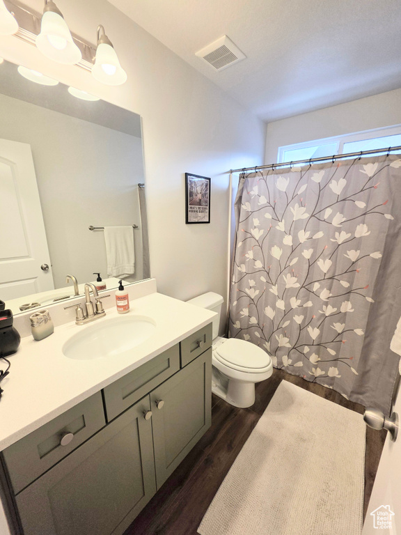 Bathroom with wood finished floors, vanity, toilet, and a shower with shower curtain