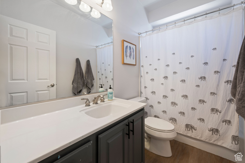 Bathroom featuring toilet, wood finished floors, and vanity