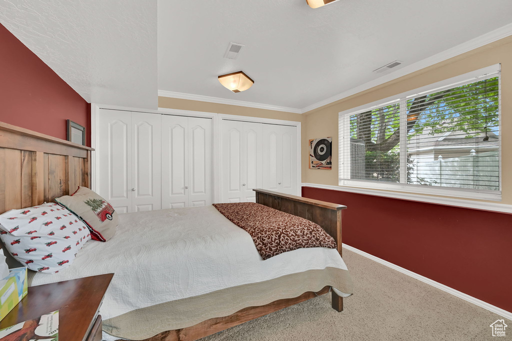 Bedroom featuring multiple closets, carpet, baseboards, and crown molding