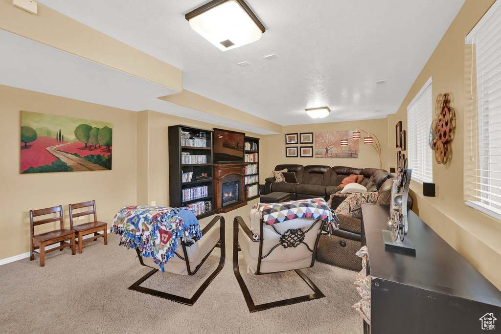 Carpeted living room with a glass covered fireplace