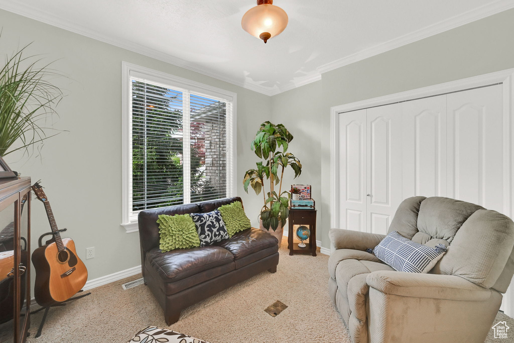 Living room with carpet flooring, baseboards, and crown molding