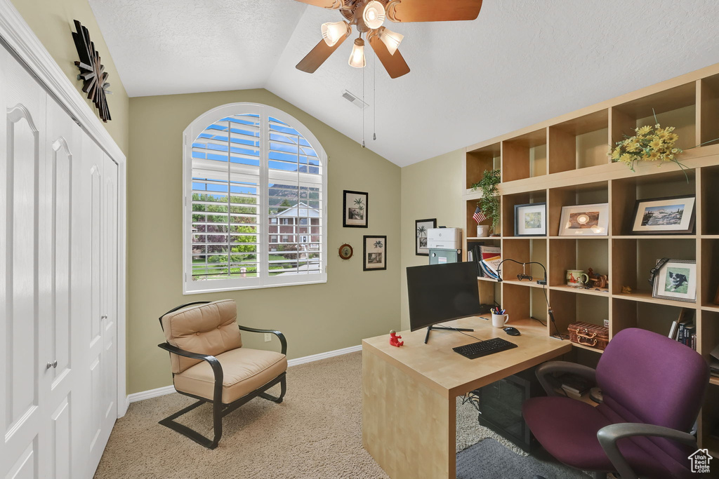 Carpeted office space with vaulted ceiling, a ceiling fan, baseboards, and a textured ceiling