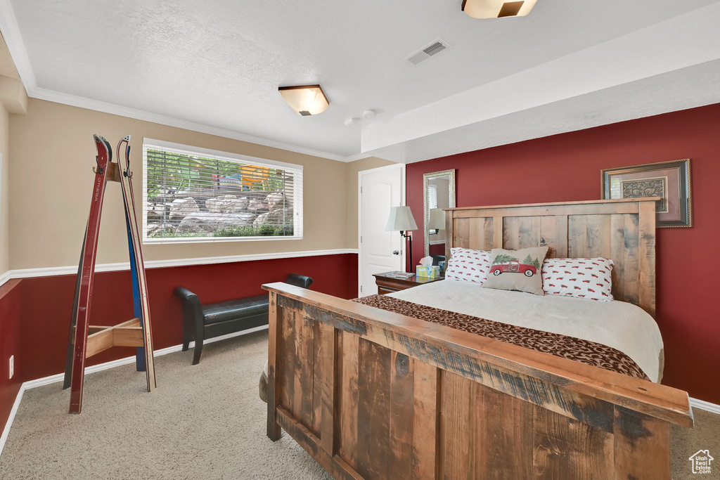 Carpeted bedroom with baseboards and ornamental molding