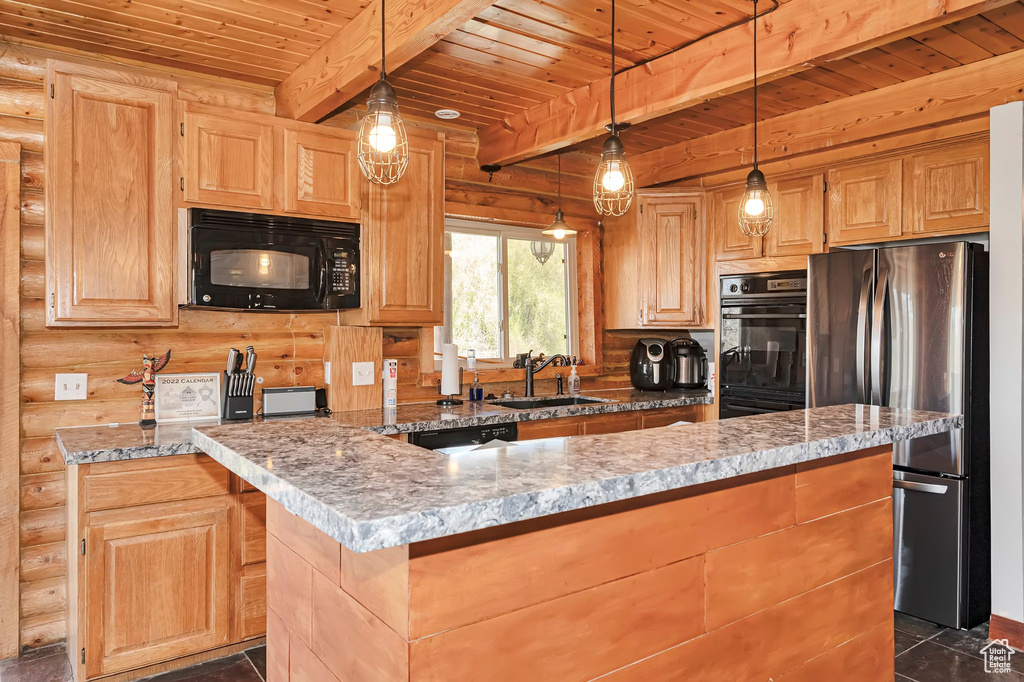 Kitchen featuring rustic walls, black appliances, a sink, wood ceiling, and beam ceiling