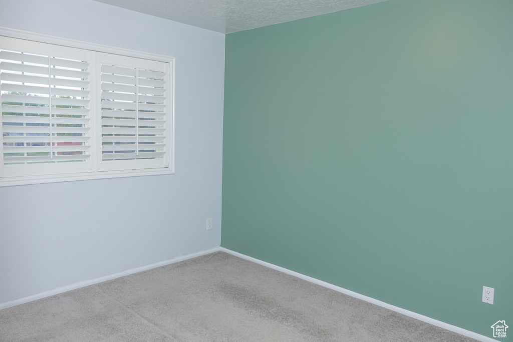 Carpeted spare room with baseboards and a textured ceiling