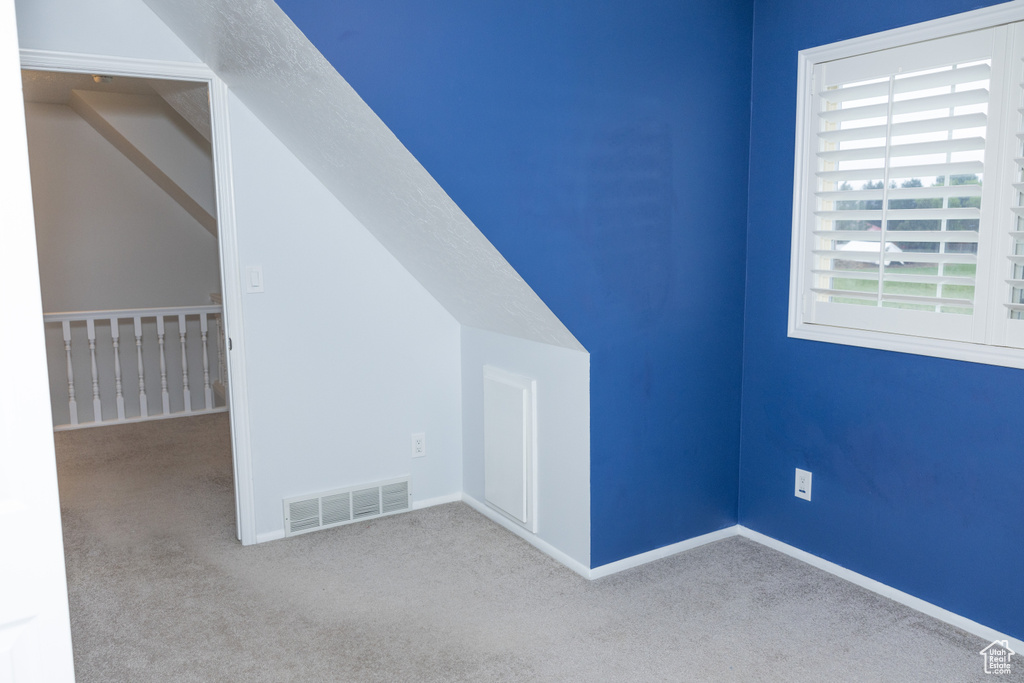 Additional living space with carpet, baseboards, and lofted ceiling