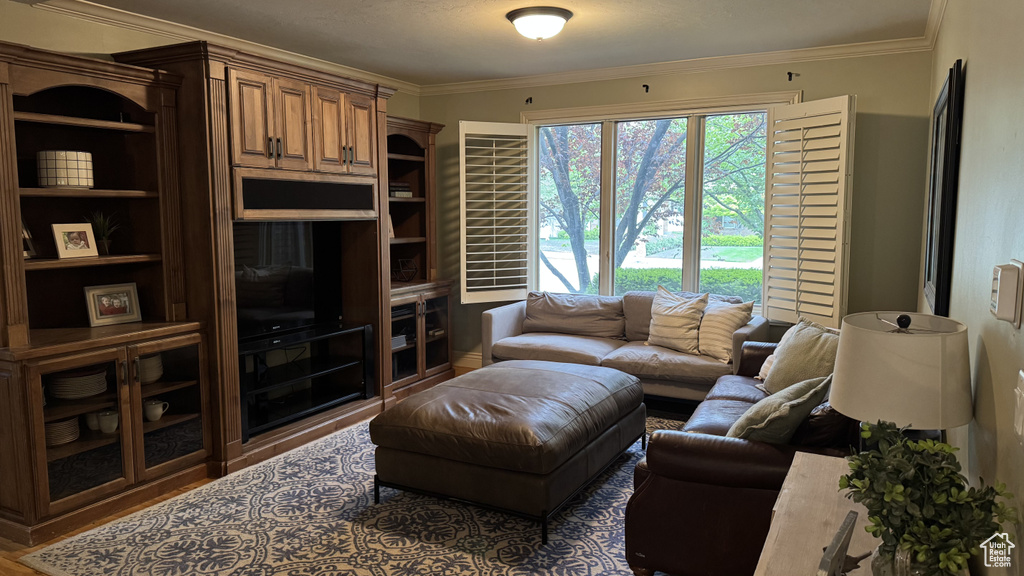 Living room featuring ornamental molding and wood finished floors