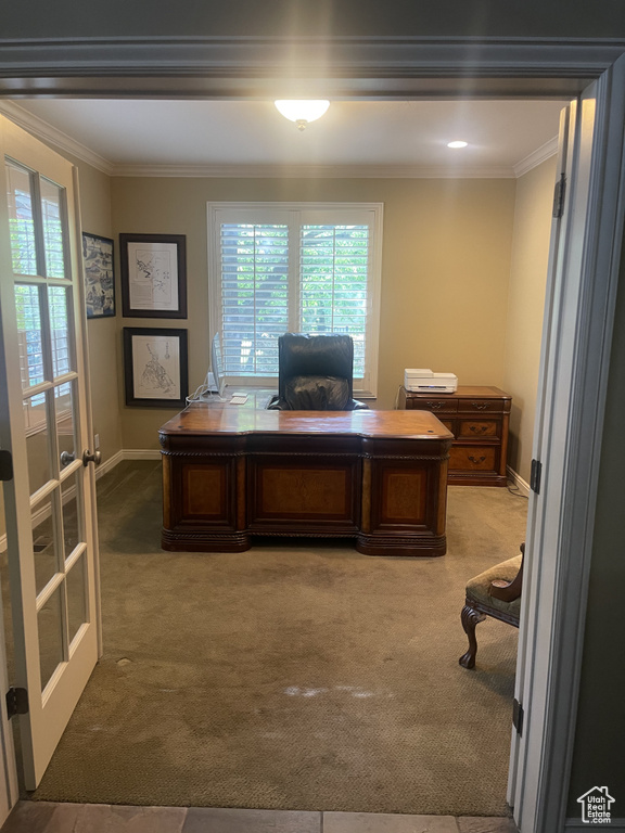 Office featuring carpet floors, ornamental molding, and baseboards