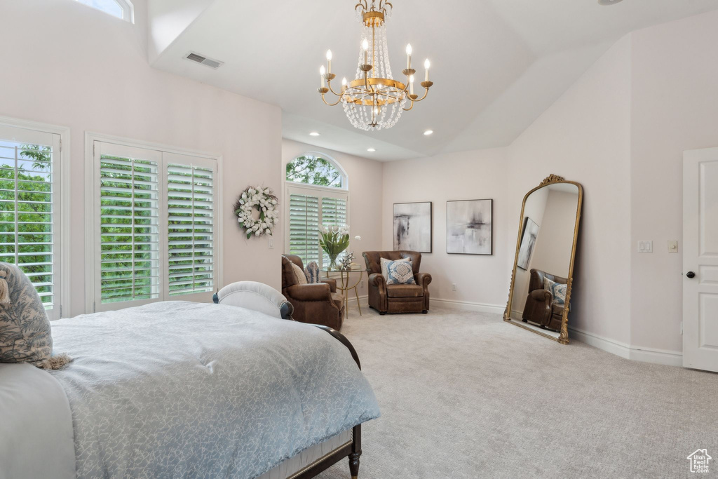 Bedroom with carpet floors, a chandelier, high vaulted ceiling, baseboards, and recessed lighting