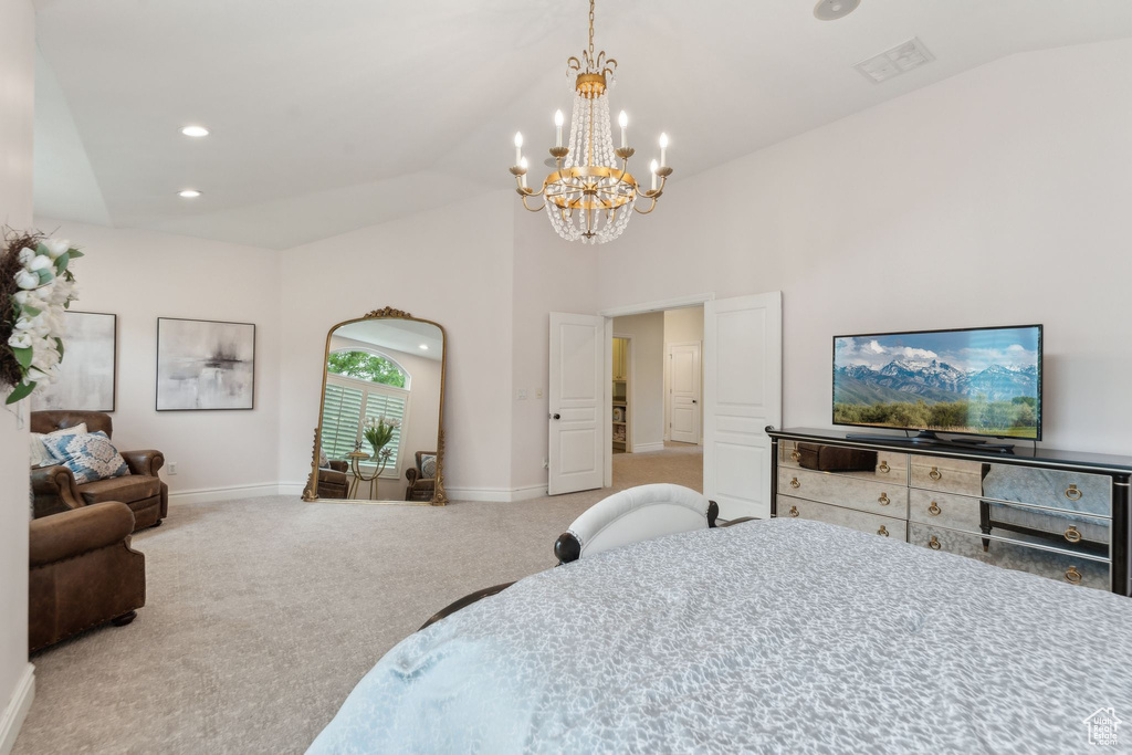 Carpeted bedroom featuring baseboards, a chandelier, high vaulted ceiling, and recessed lighting