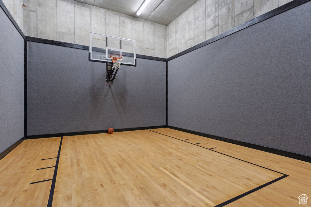 View of basketball court with basketball hoop