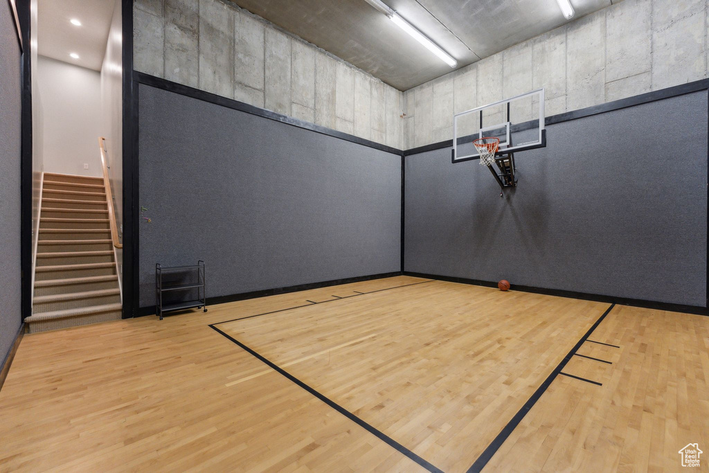 View of basketball court with basketball hoop