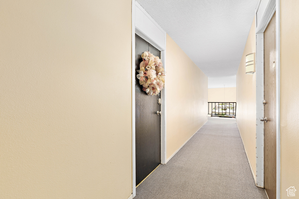 Hallway with carpet floors and baseboards