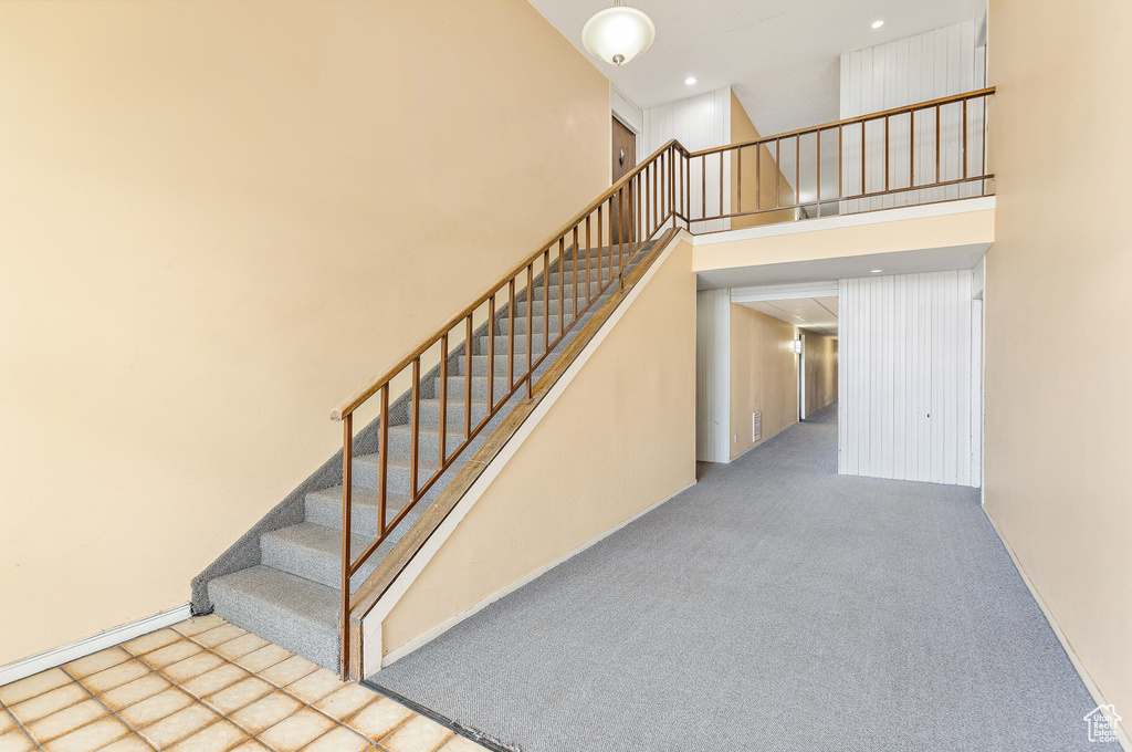 Stairs featuring a high ceiling and carpet flooring