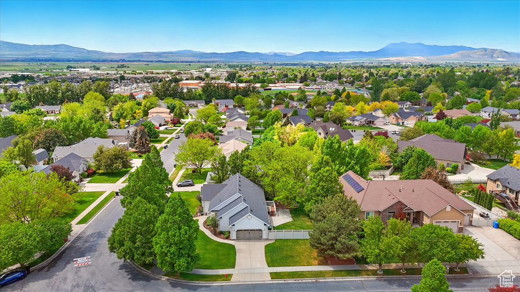 Aerial perspective of suburban area with mountains