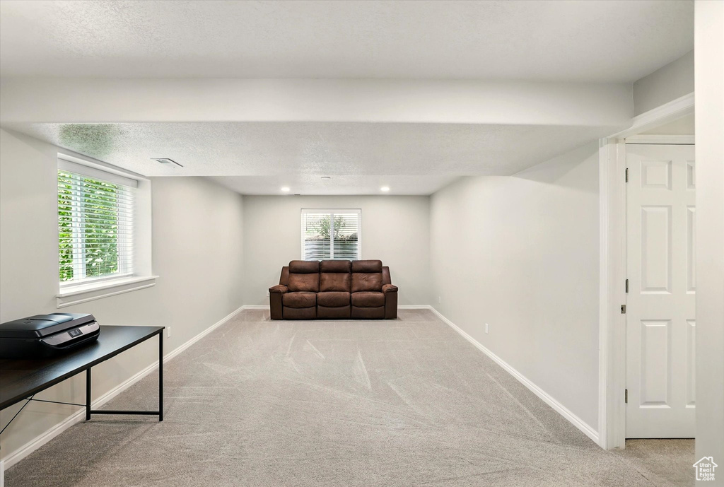 Living area with carpet floors, baseboards, and a textured ceiling