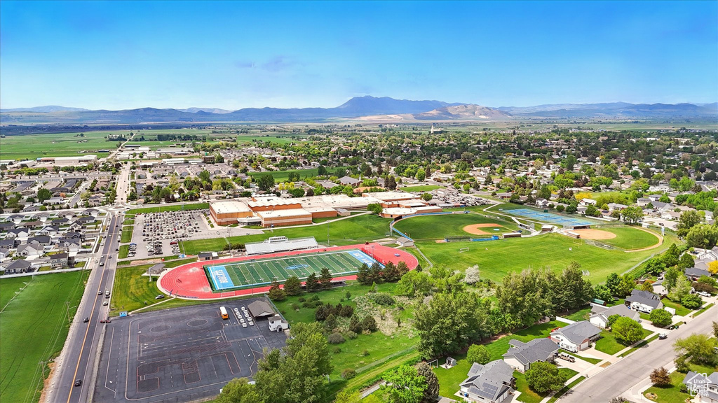 Aerial perspective of suburban area with mountains