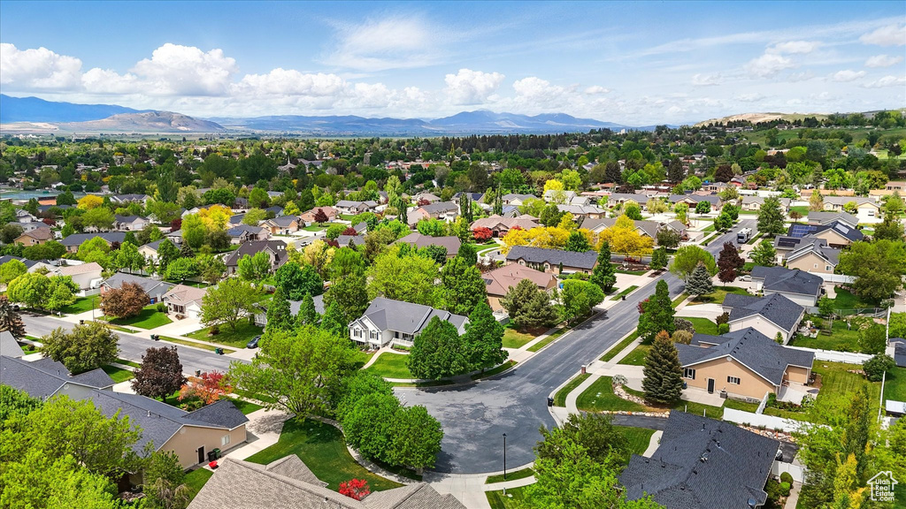 Aerial perspective of suburban area with mountains